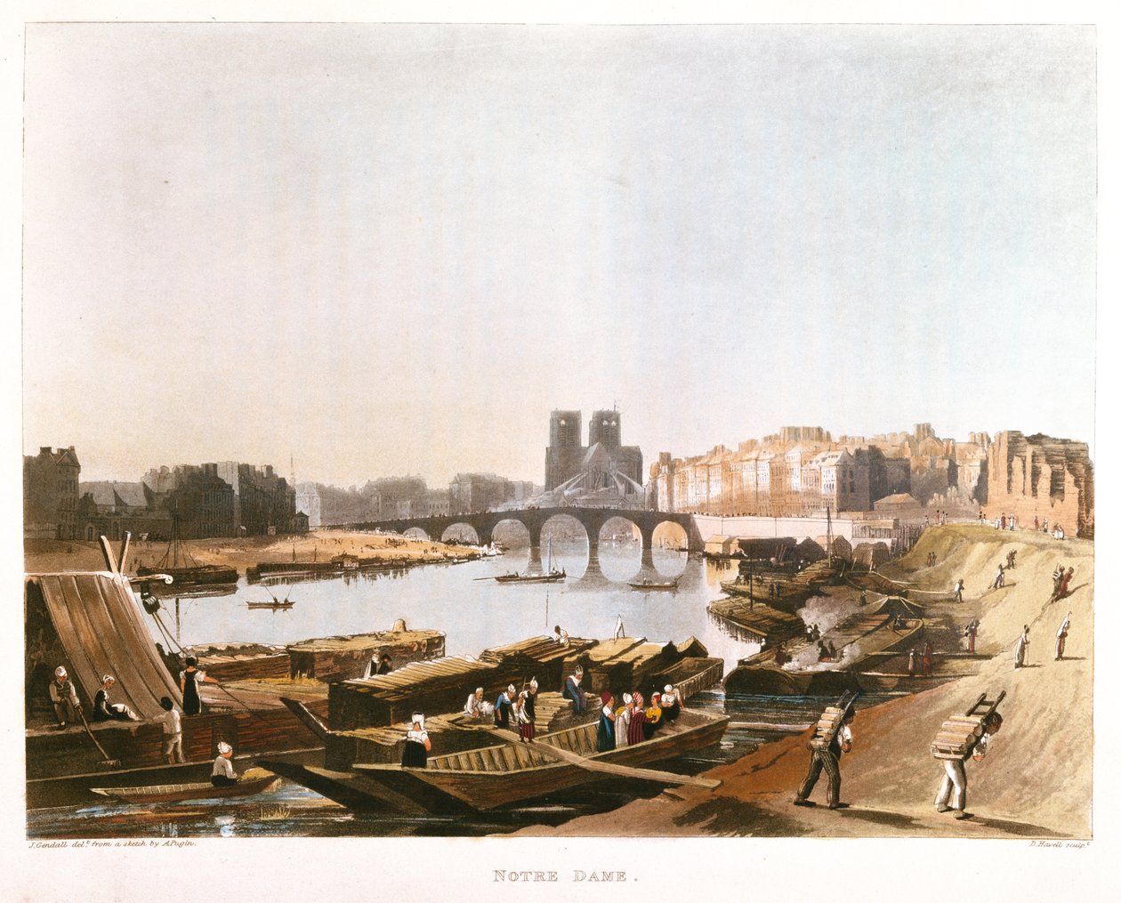 Notre Dame, Ile de la Cite, Ile Saint Louis and the Pont de la Tournelle, 1821 by Augustus Charles after Pugin