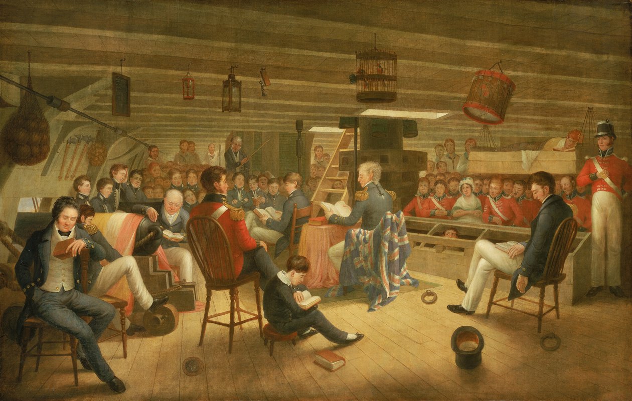 Divine service as it is usually performed on board a British frigate at sea by Augustus Earle