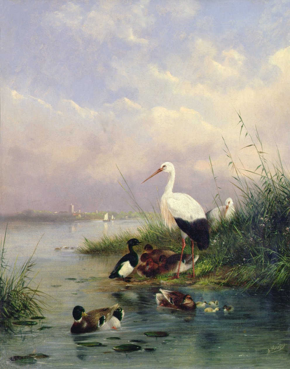 A Family of Mallard, Two Storks and a Family of Tufted Ducks by Augustus Knip