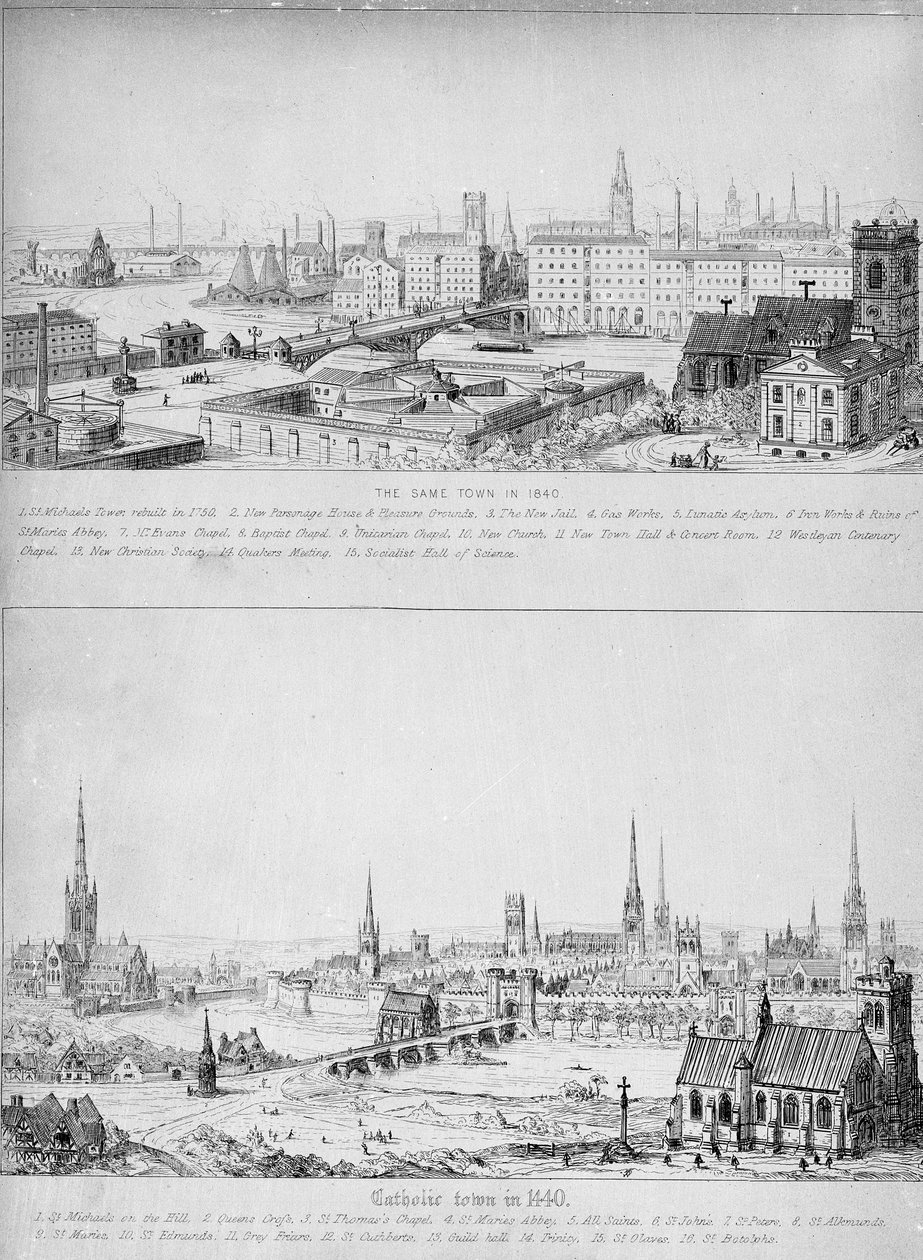 Catholic town in 1440 and the same town in 1840 by Augustus Welby Northmore Pugin