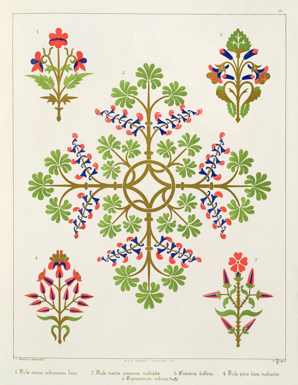 Rose motif wallpaper design, printed by M. and N. Hanhart by Augustus Welby Northmore Pugin