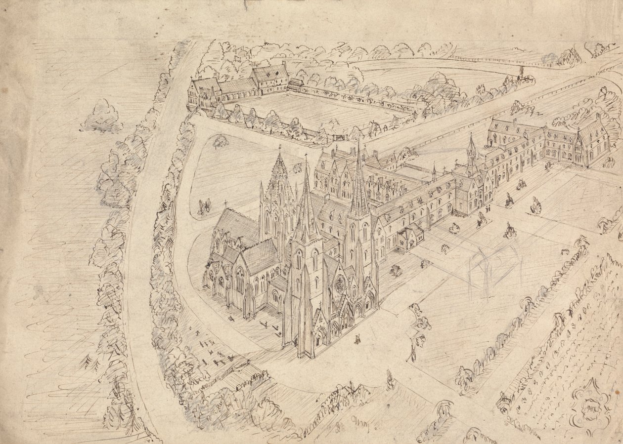 Sketch of a Gothic Church and Monastery by Augustus Welby Northmore Pugin