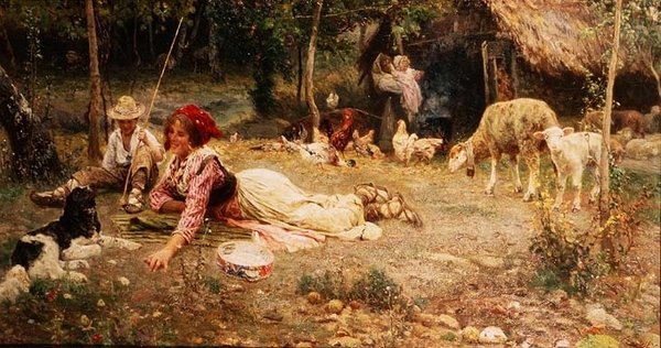 Italian Farmyard Scene by Aurelio Tiratelli