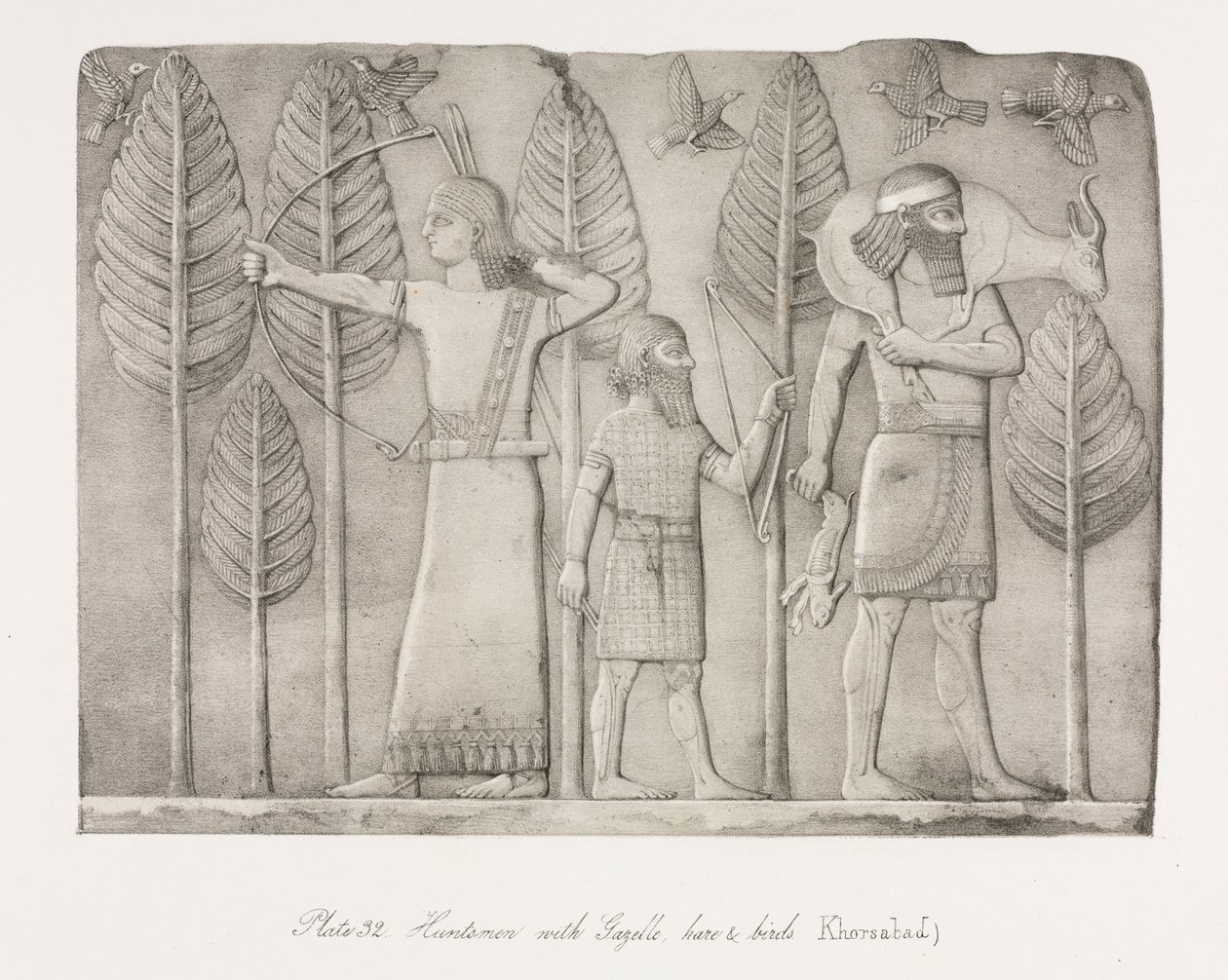 Monuments of Ninevah: Plate 32, Huntsmen with Gazelle, Hare and Birds Khorsabad, 1853 by Austen Henry Layard