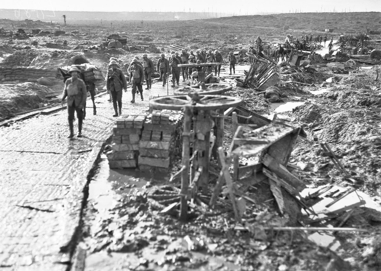 Australian troops passing along the track leading to Idiot Corner, at Westhoek Ridge, in the Ypres sector, 28 October 1917 by Australian Photographer