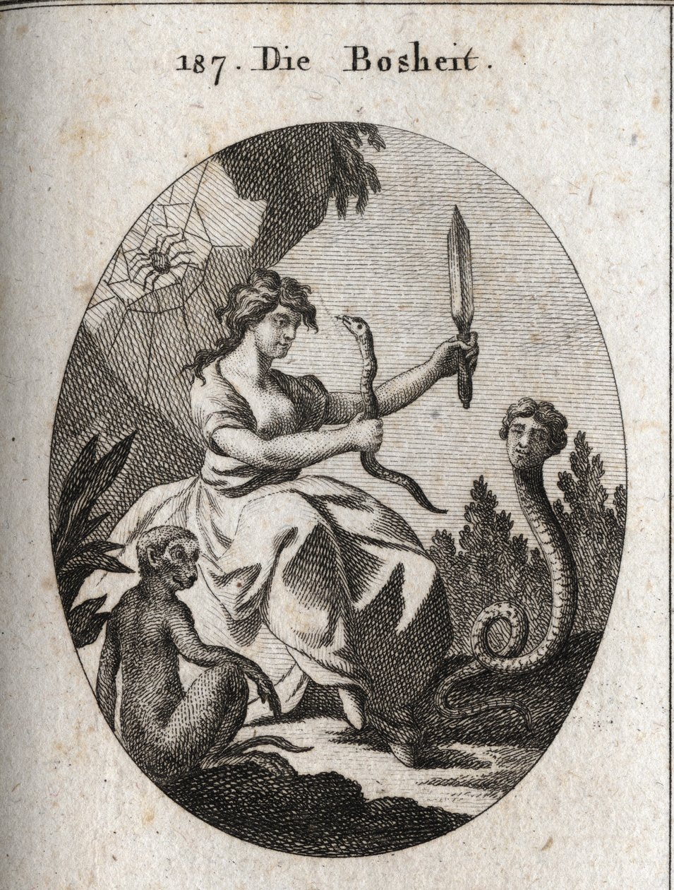 Allegory of malice. She looks happy with an aspic and a dagger. Its attributes are the snake with a human face that desires fraud, the monkey that is the emblem of malice, and the spider that alludes to traps. Engraving in “Iconologie oder Ideen aus dem by Austrian School