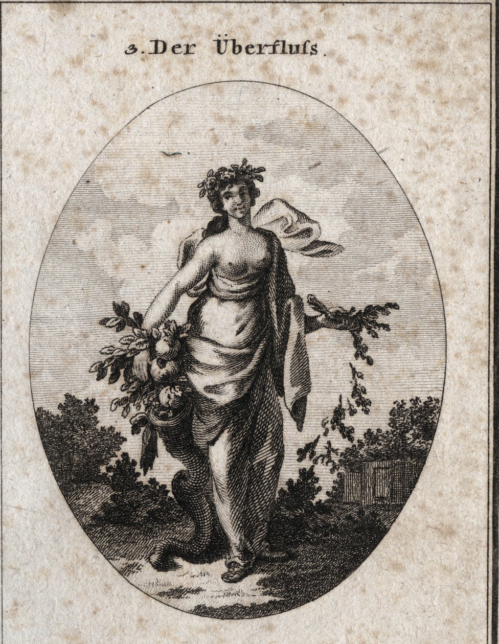 Allegory of Abundance. We represent her beautiful and gracious. The crown of flowers means the joy of her gifts. The bouquet of ears and the different veggies that she holds in her hands repent to her feet, marking the abundance and neglecting the economy. by Austrian School