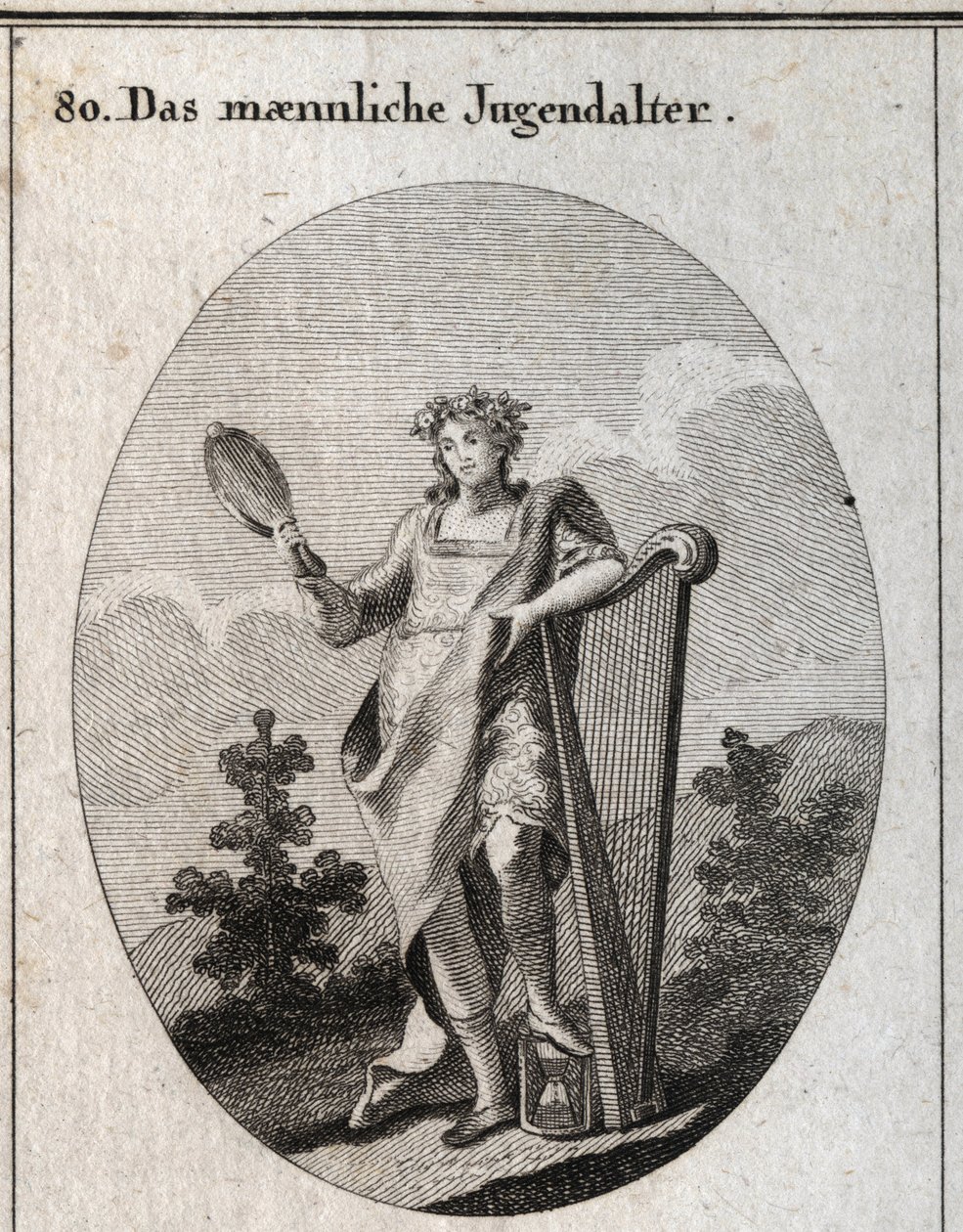 Allegory of adolescence represented by a young man leaning on a harp and holding a mirror. His foot is placed on an hourglass. Engraving in 