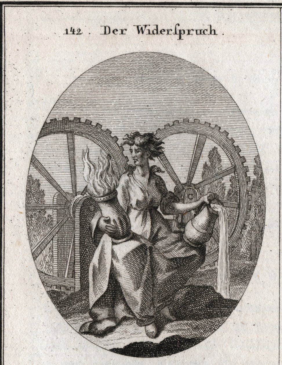 Allegory of annoyance. His suit is split in half. She holds a vessel of water and a vessel of fire. The two wheels with teeth move in opposite directions. Engraving in 
