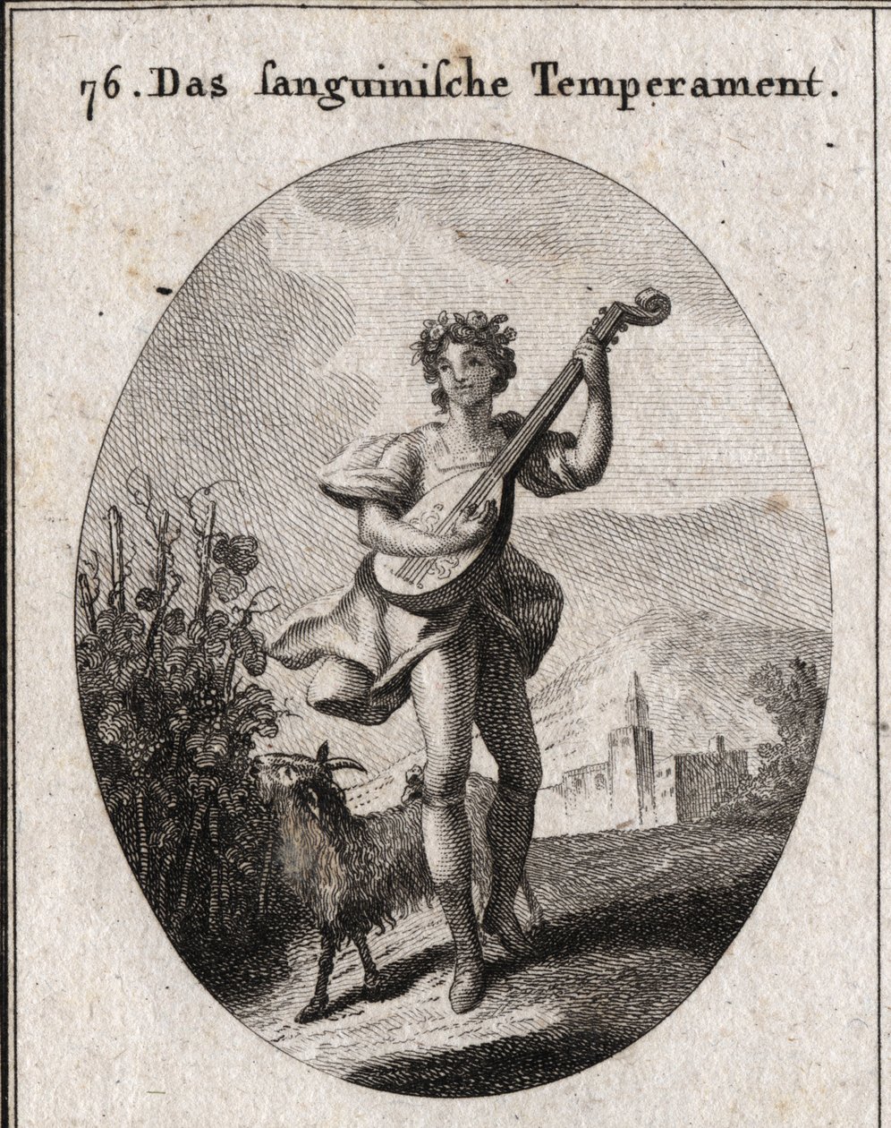 Allegory of Blood Complexion. The goat who eats grapes shows that blood is brought to the pleasures of love and Bacchus. Engraving in 