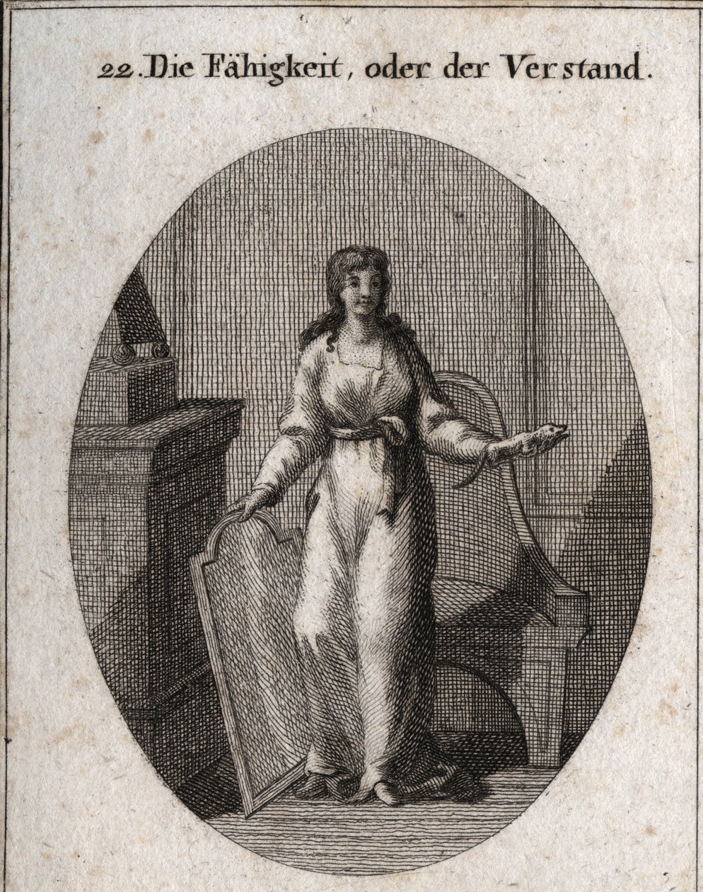 Allegory of capacity (or intelligence). The chameleon and the mirror are his attributes. Engraving in 