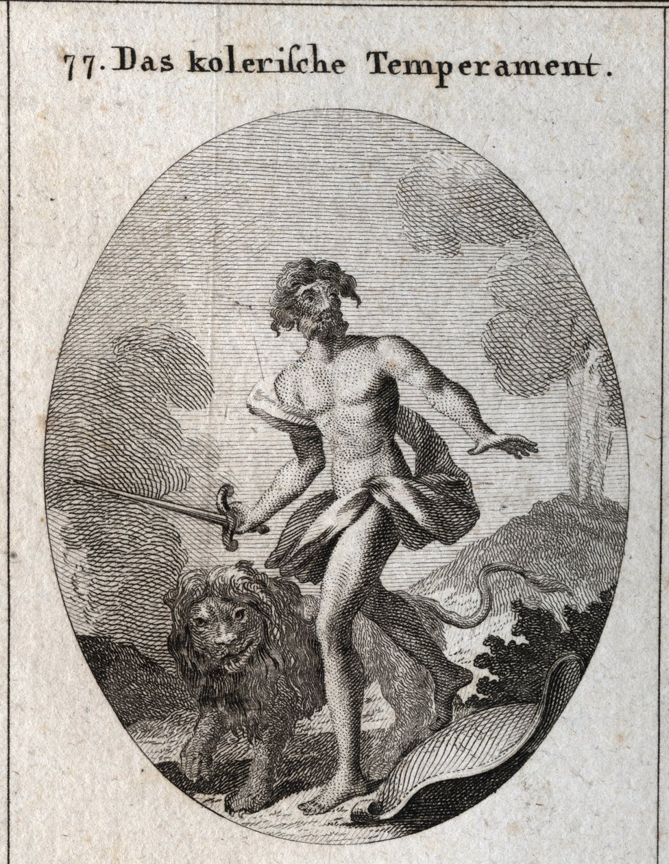 Allegory of choleric complexion. He holds a sword to attack and just threw his shield forgetting to defend himself. His attribute and a threatening lion. Engraving in 