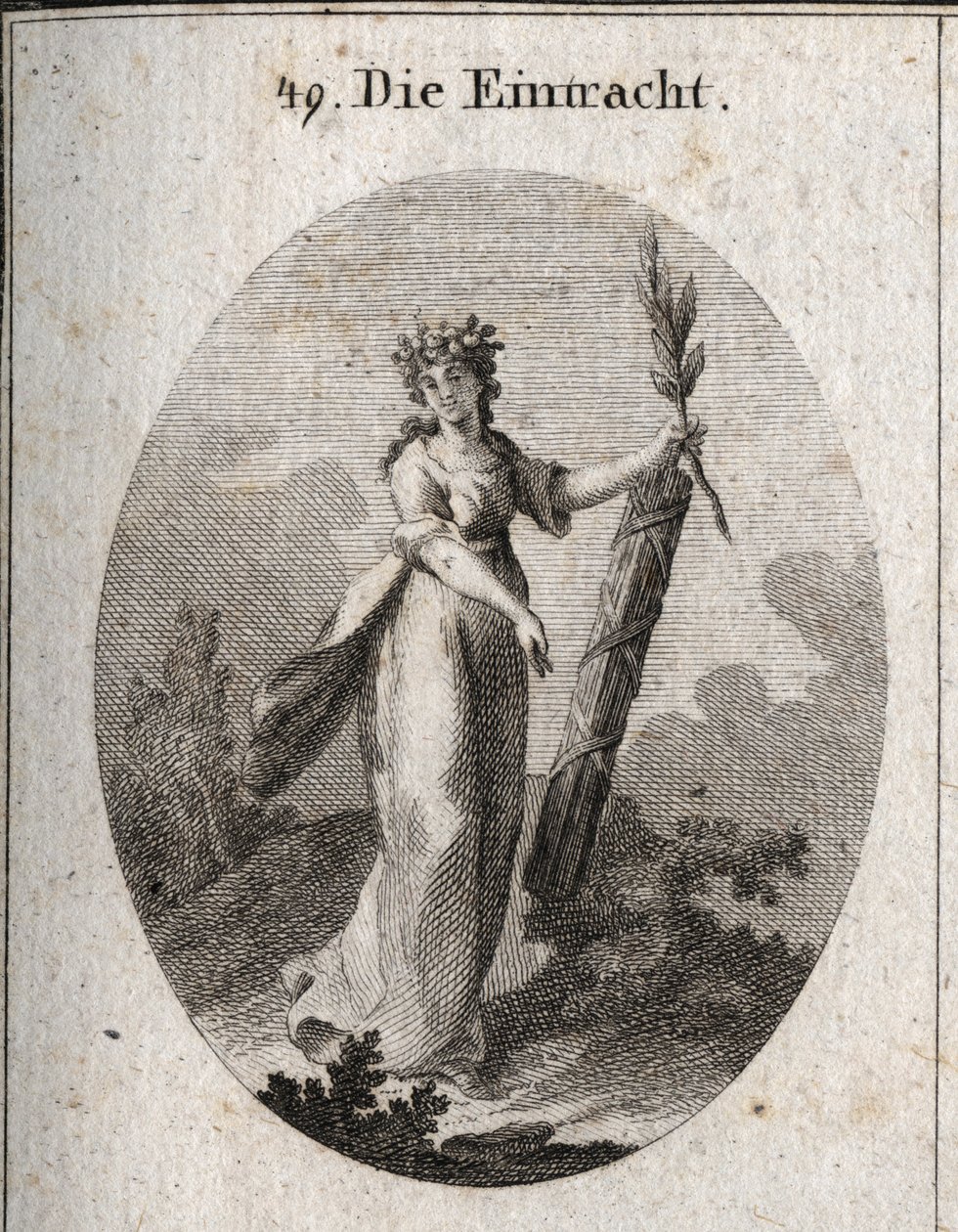 Allegory of concord represented with a crown of pomegranates emblem of union. The olive branch and a symbol of peace and the bundle of rods tightly tied together marks the power of united forces. Engraving in 