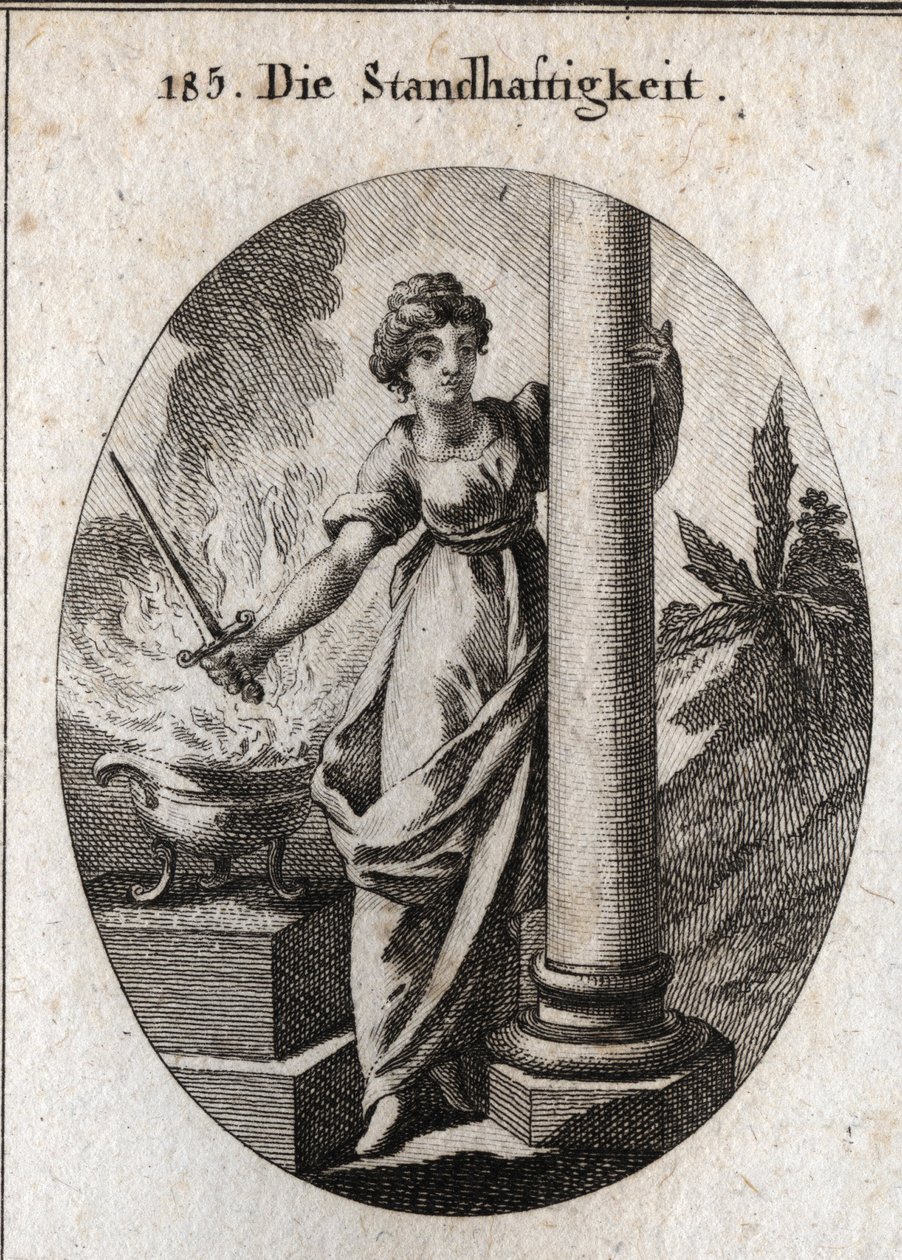 Allegory of constancy. She holds a sword over a burning fire. The column it embraces is the attribute of the farm. Engraving in 