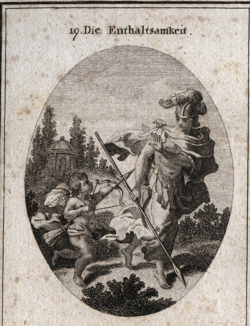 Allegory of Continence, Heroic Virtue Represented as a Warrior with a Helmet and a Spear Turned Towards the Earth. She Avoids Fighting Passions (Represented by Love) and Defends Herself from Their Atraits to Preserve Her Chastity. Engraving in Iconologi by Austrian School