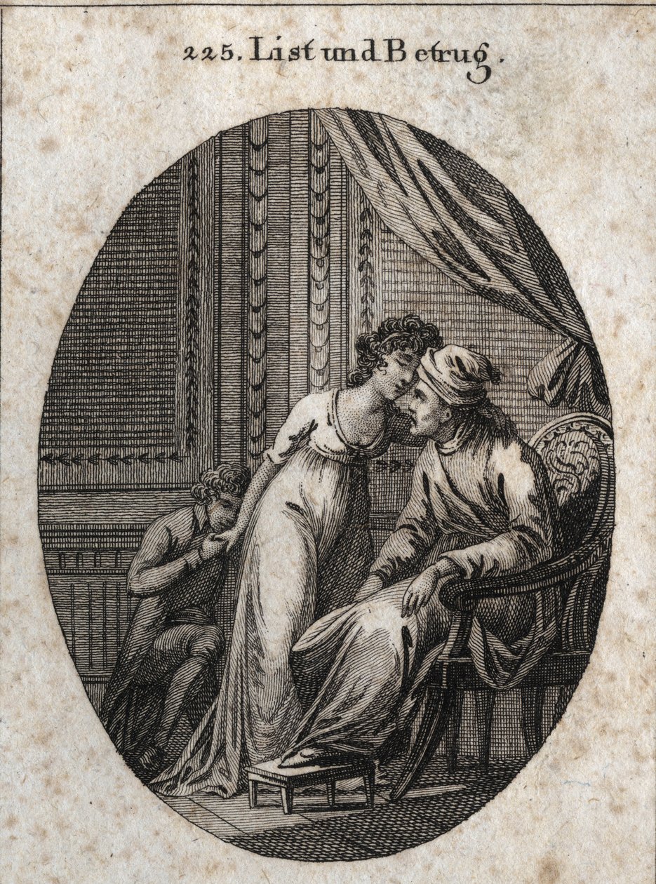 Allegory of cunning and deception. Expression: Who gives you more caresses than usual, it is a sign that he has cheated on you or that he wants to deceive you. Engraving in 