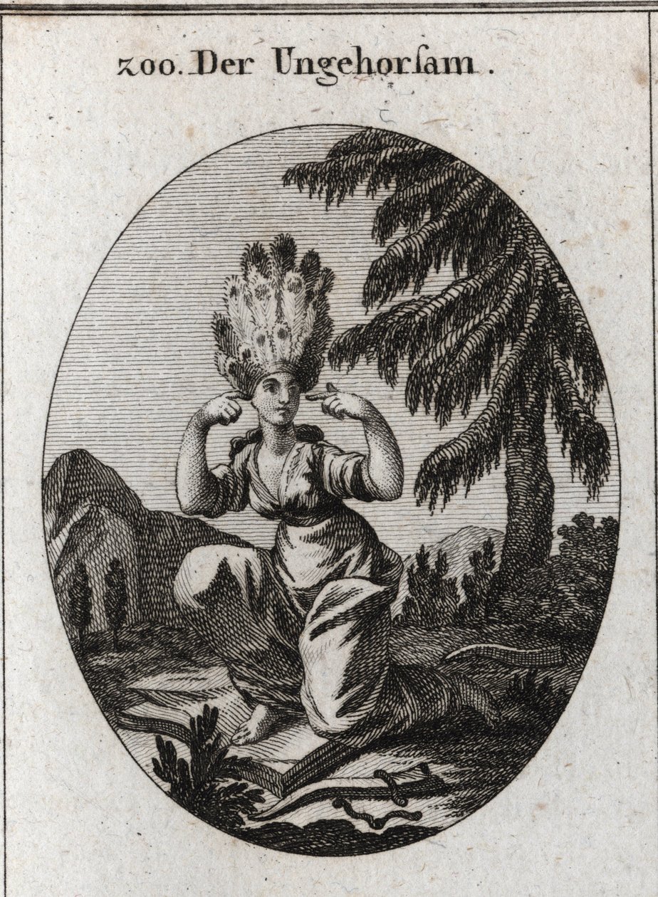 Allegory of Disobedience. The Book of Shame Marks Her Contempt for the Laws and Precepts That She Dominates by Treading at Her Feet the Brake and the Yoke Breezes. She Closes Her Ears So as Not to Listen to Reprimands. Her Hair Is Peacock Feathers. Engravi by Austrian School