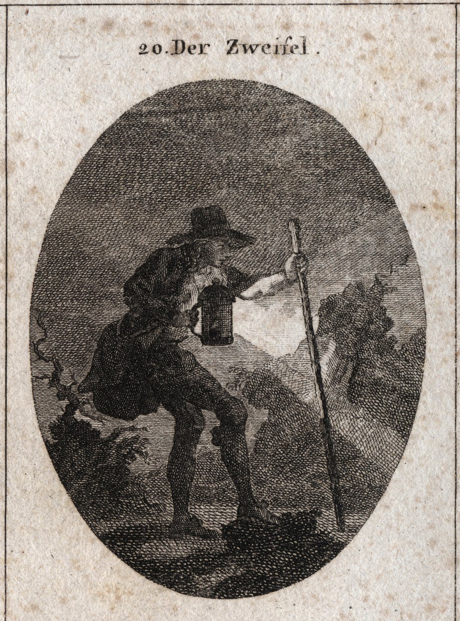 Allegory of doubt represented by a young man walking through the darkness with a lantern and a boat that he helps to find its way through several paths filled with stones. Engraving in 