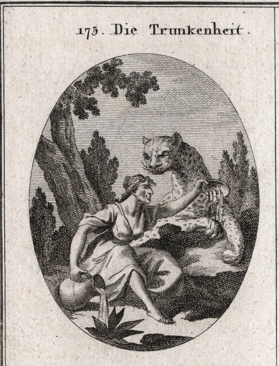 Allegory of drunkenness. She holds a jug and a cup full of wine that she leaves. Its symbol is a panther symbol of the fury of drunkenness. Engraving in 