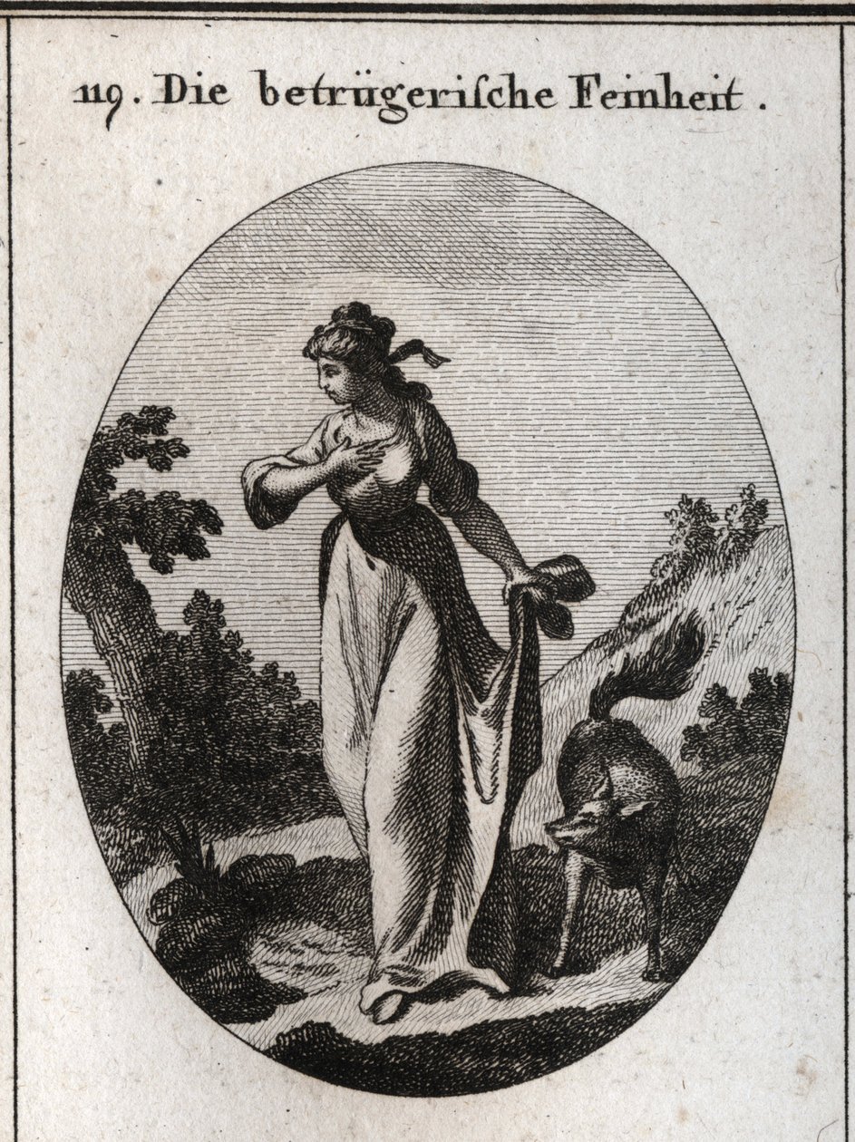 Allegory of finesse that tends to deceive. She is represented one hand on her chest and another cover behind her holding a fox symbol of deception. Engraving in 