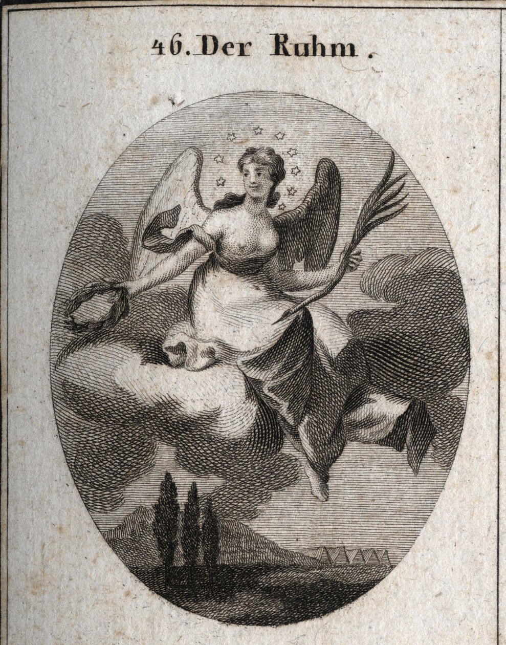 Allegory of Glory on a Cloud. She Holds a Palm and Presents Laurel Wreaths from Which She Recompenses Her Favorites. Her Wings Mark Her Elevation. Engraving in 