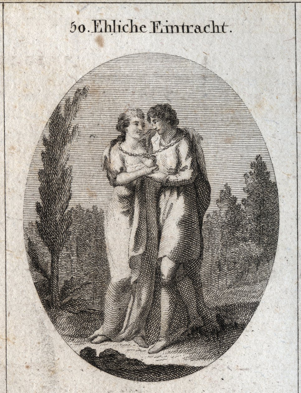 Allegory of harmony in marriage. A couple kisses, a gold chain hangs around their neck and a heart that they support each with one hand. Engraving in 