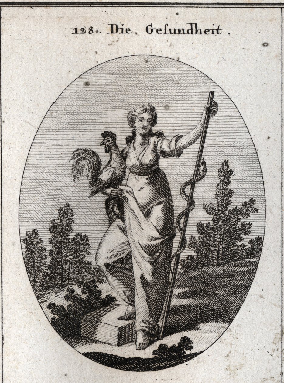 Allegory of Health Represented by a Strong Woman Holding a Rooster, Animal Consecrated to Aesculapius, God of Medicine. She Holds a Stick Around Which Is a Snake, an Animal Least Prone to Disease. Engraving in 