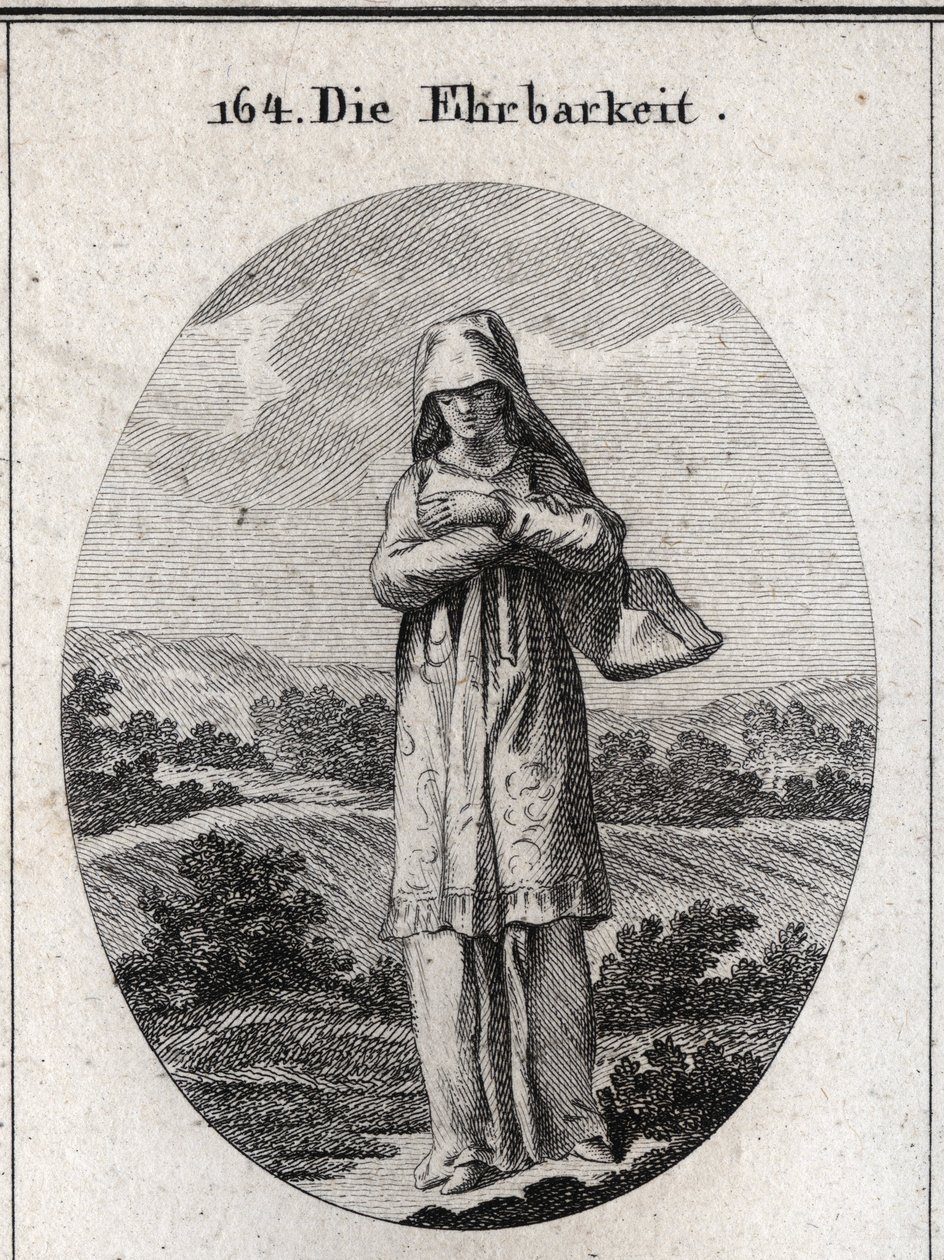 Allegory of honesty. Her eyes are covered by a veil that hides half her face because the eyes are the mirror of the soul and the first sense by which she corrupts herself. Engraving in “Iconologie oder Ideen aus dem Gebiete der Leidenschaften und Allegor by Austrian School