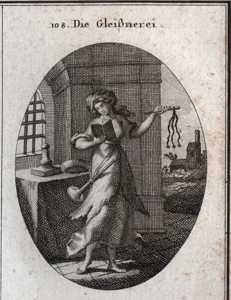 Allegory of hypocrisy holding a prayer book and discipline (swift, whip). The trumpet she has on her shoulder marks that she publishes her good works with emphasis. Engraving in 