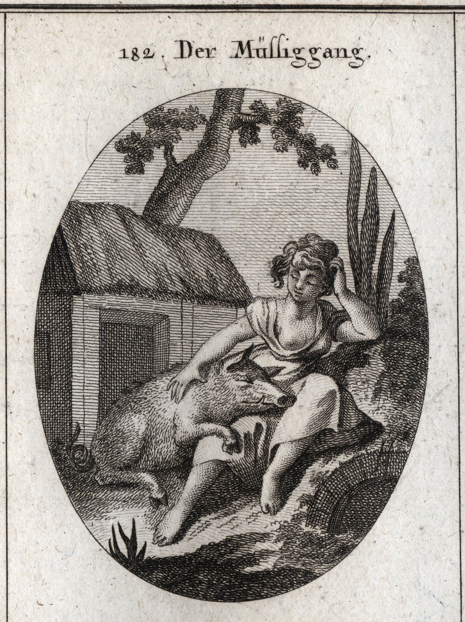 Allegory of Idleness Represented by a Half Asleep Woman Who Scratches Her Head with One Hand and Rests with the Other on a Pig Sleeping on Her Knees. Engraving in 