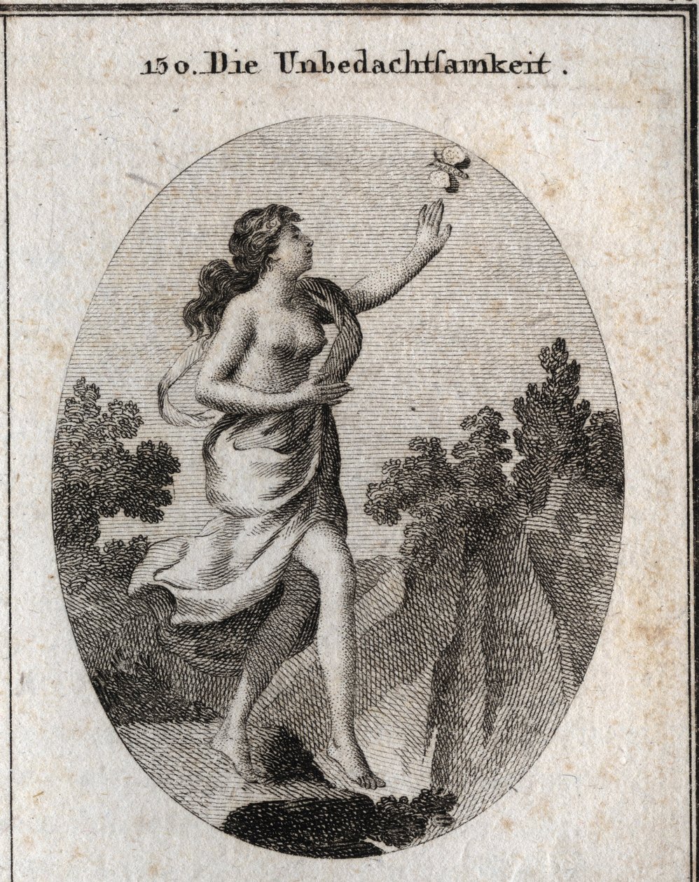 Allegory of inconsideration. She walks looking at a butterfly without seeing that there is a precipice at her feet. The compass and the rules show that she doesn