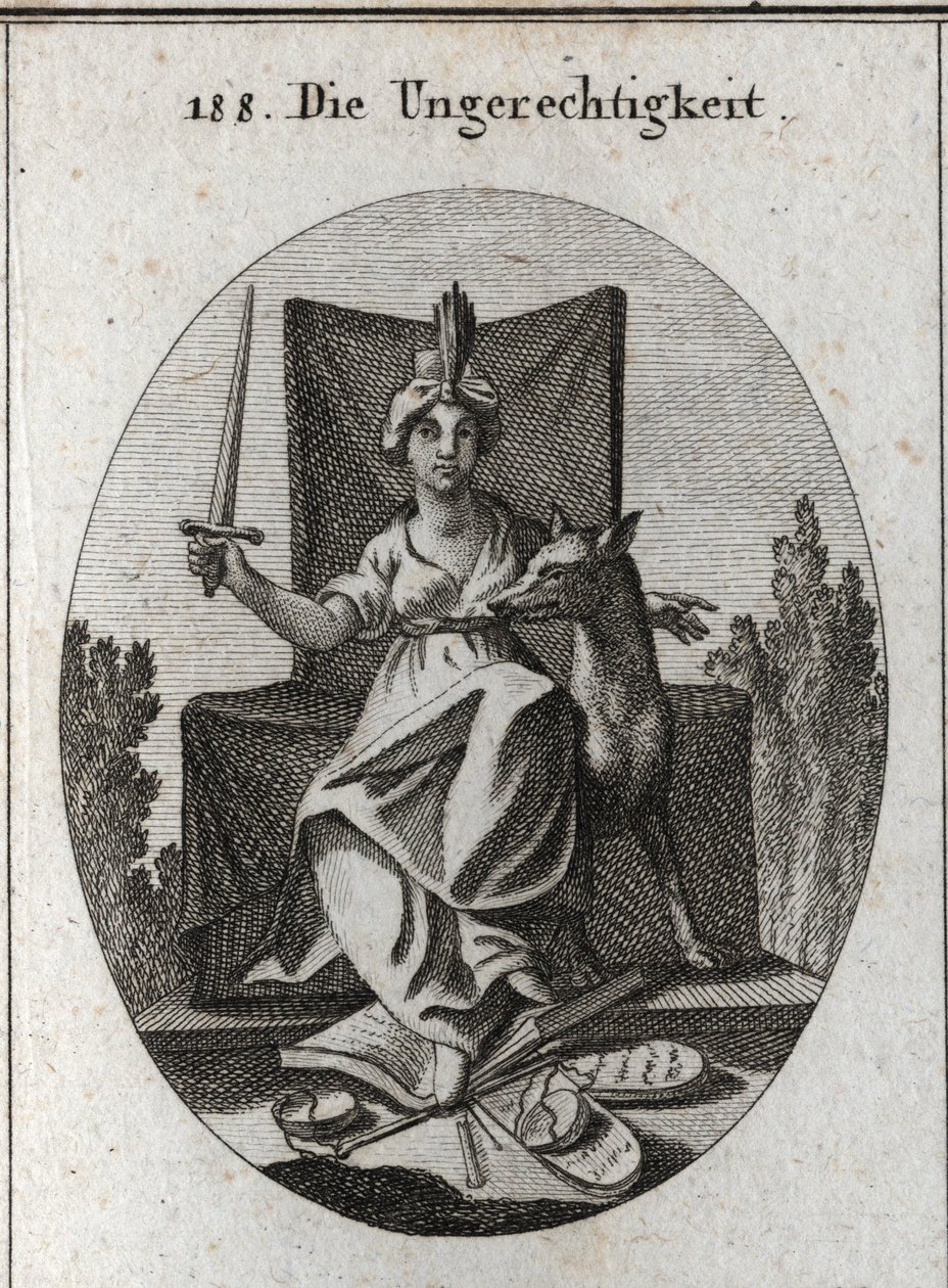 Allegory of injustice. She holds a sword that she raises and crushes at her feet the tables of divine laws and the book of human voices and the scales of justice that are broken. The wolf is the symbol of cruelty, rapine, and greed. Engraving in 