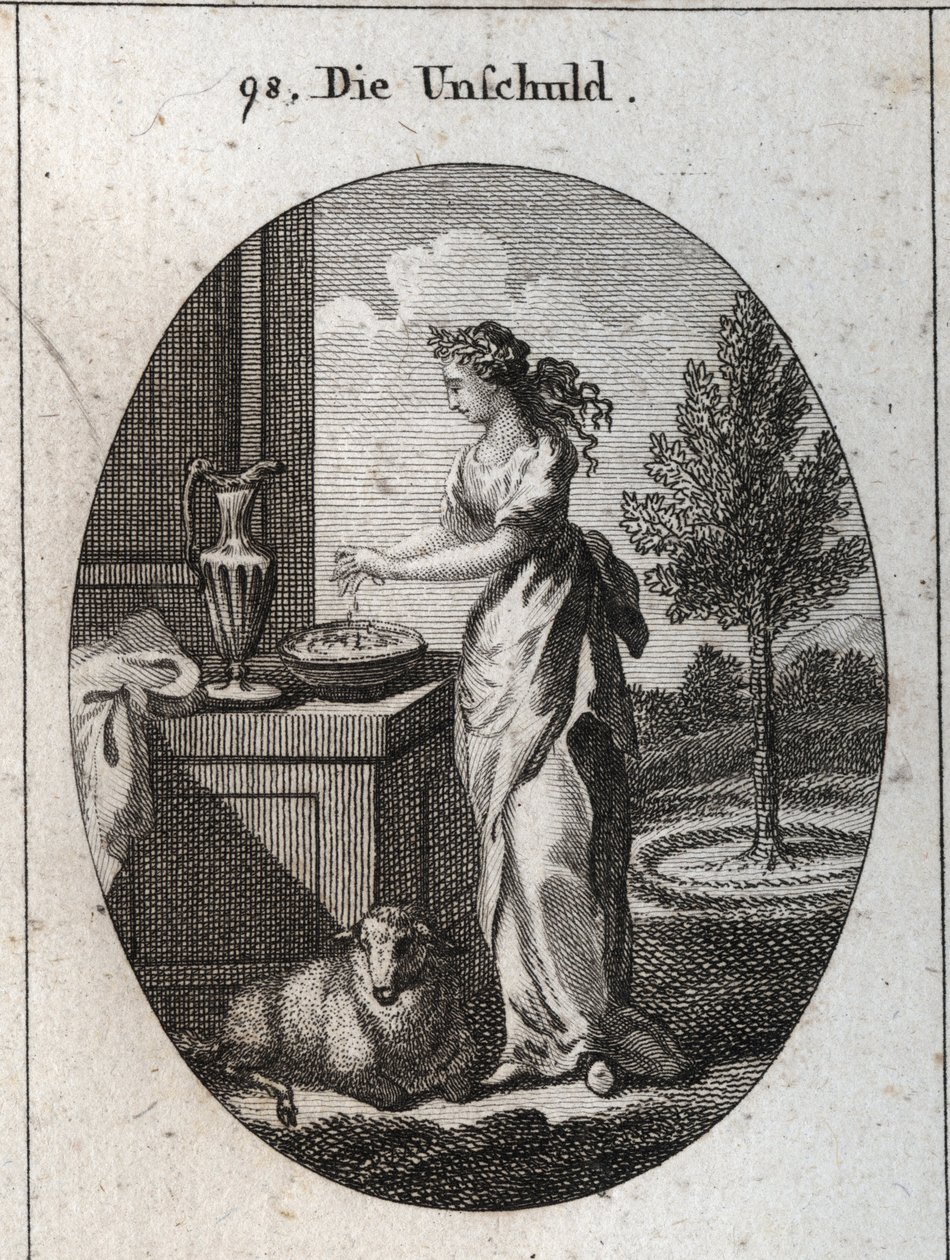Allegory of innocence crowned with palm to mark that time makes her triumph over the slander that wants to oppress her. Its symbol is the lamb. Hand washing serves to publicly exonerate themselves from false accusations. Engraving in 