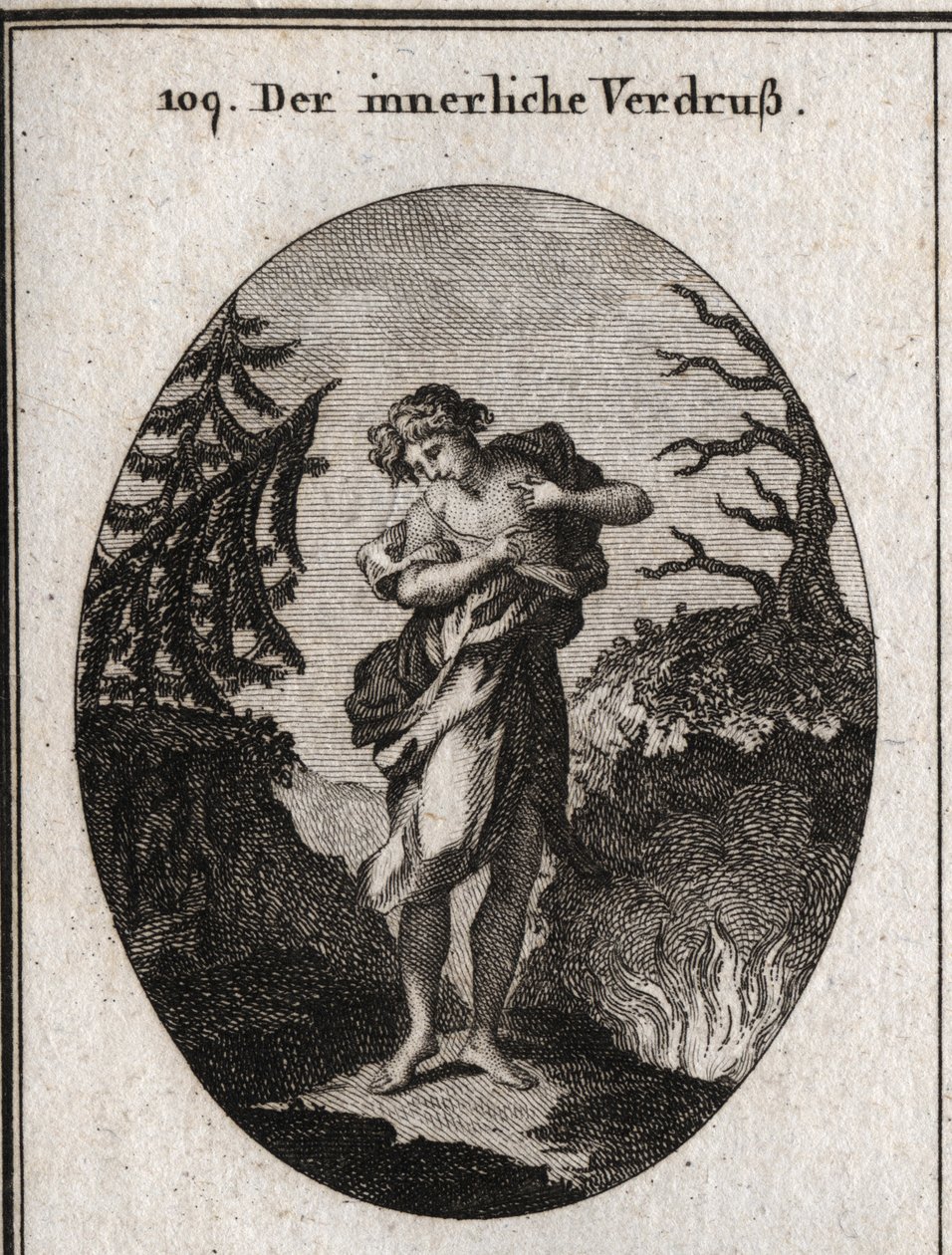 Allegory of Internal Sorrow Represented by the Sadness of the Face and the Disorder of Adjustment. Her Breast Appears to Be Eaten by Several Snakes. Engraving in 