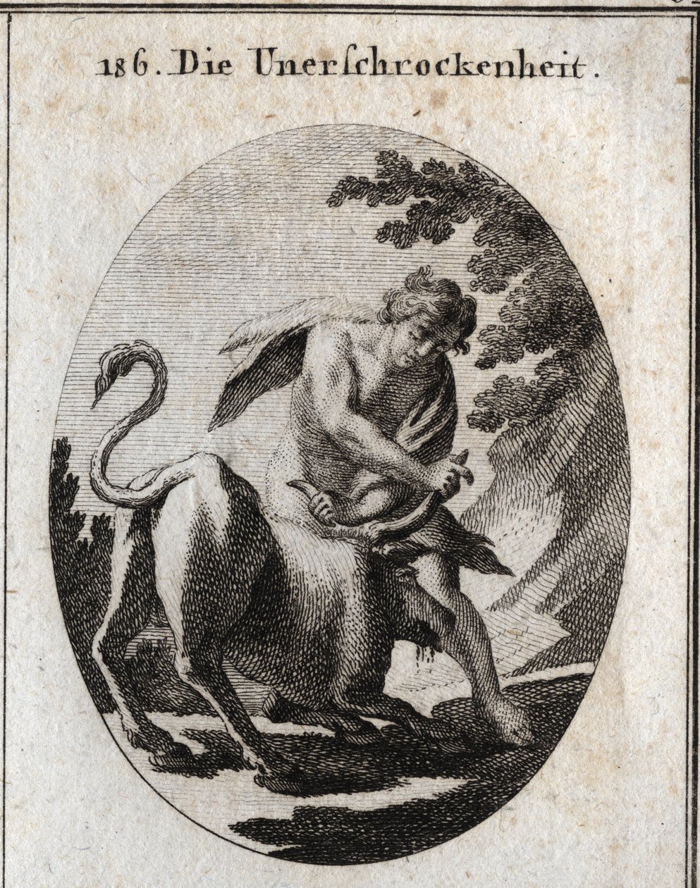 Allegory of Intrepidity represented by a vigorous young man who stops a furious bull by holding it by the horns. Engraving in 