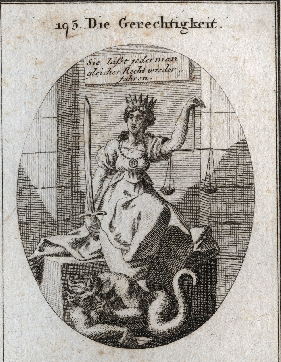 Allegory of Justice. Her Attributes Are Balance and Sword. She Sits in a Courtroom and Lends a Golden Crown on Her Head. Under Her Feet, Fraud Worried About Being Discovered Gnaws His Fists. Engraving in 