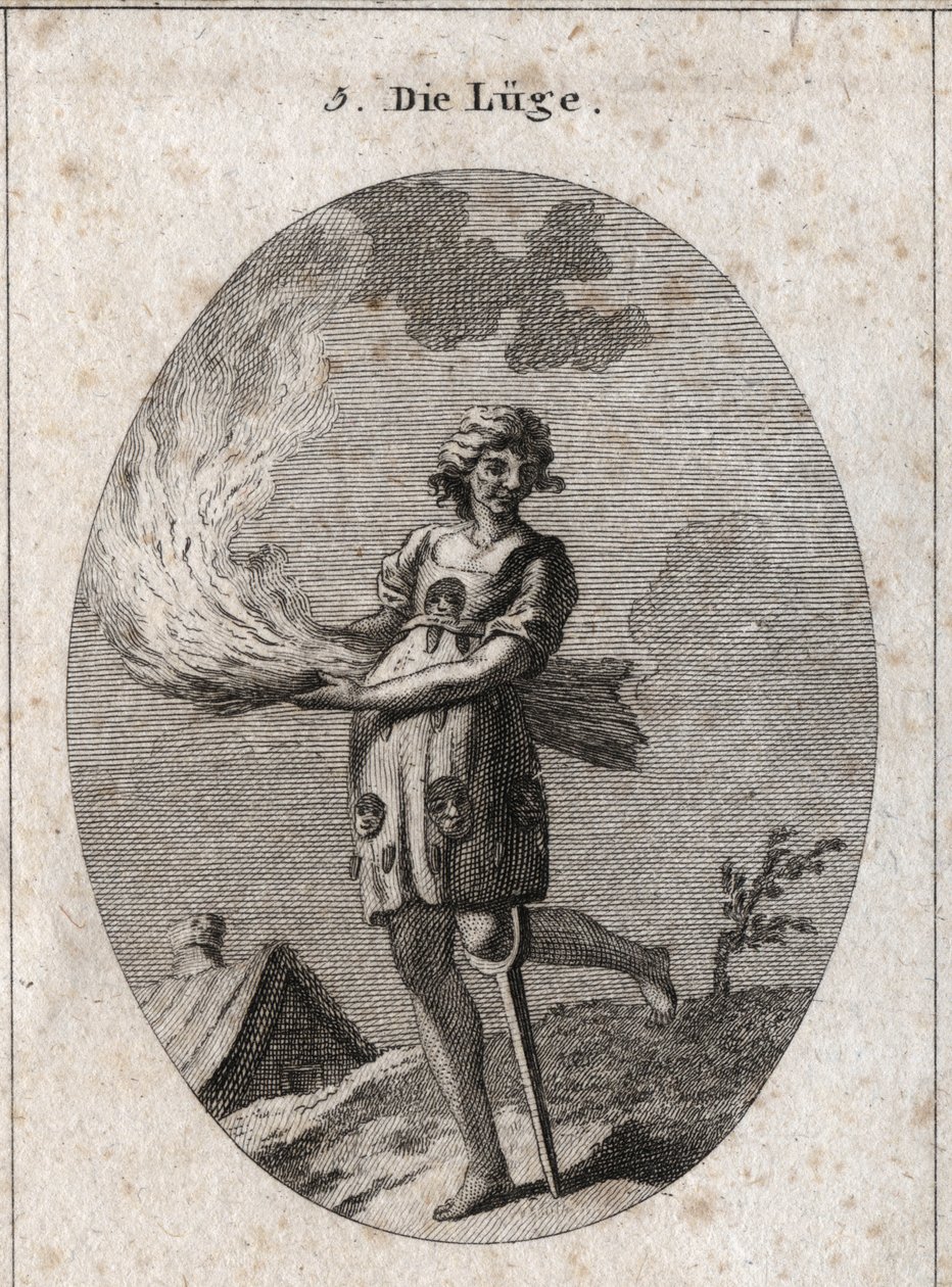 Allegory of lying represented by ugly, bad hair and bad clothes. Her clothing is filled with tongues and masks. The burning straw illustrates the lack of substance of her words and the wooden leg, the little solidity. Engraving in 