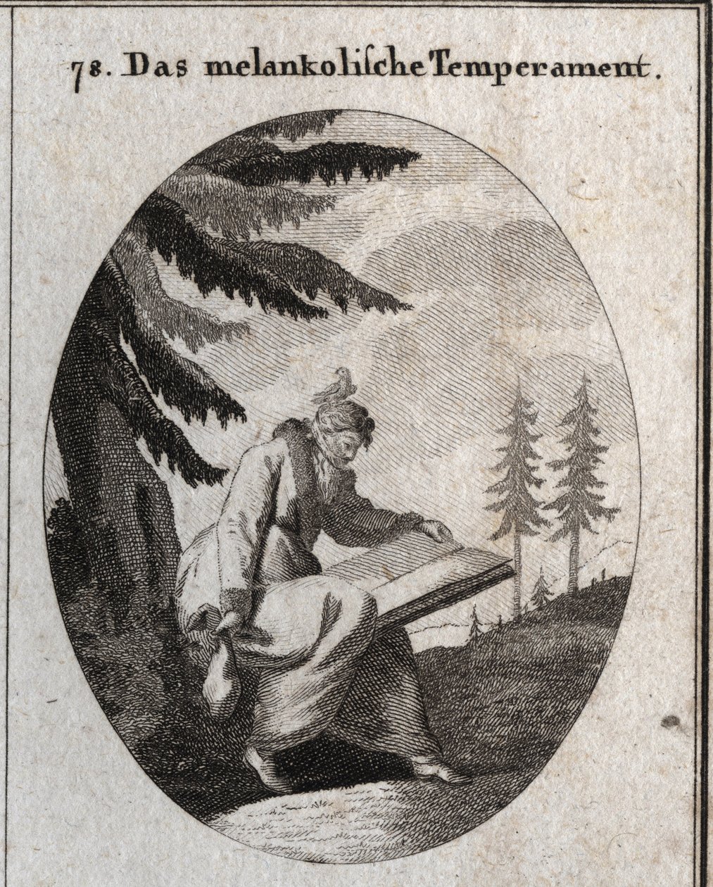 Allegory of melancholic complexion. He holds a book and a purse and his mouth is closed with a blindfold. A bird sits on his head. Engraving in 
