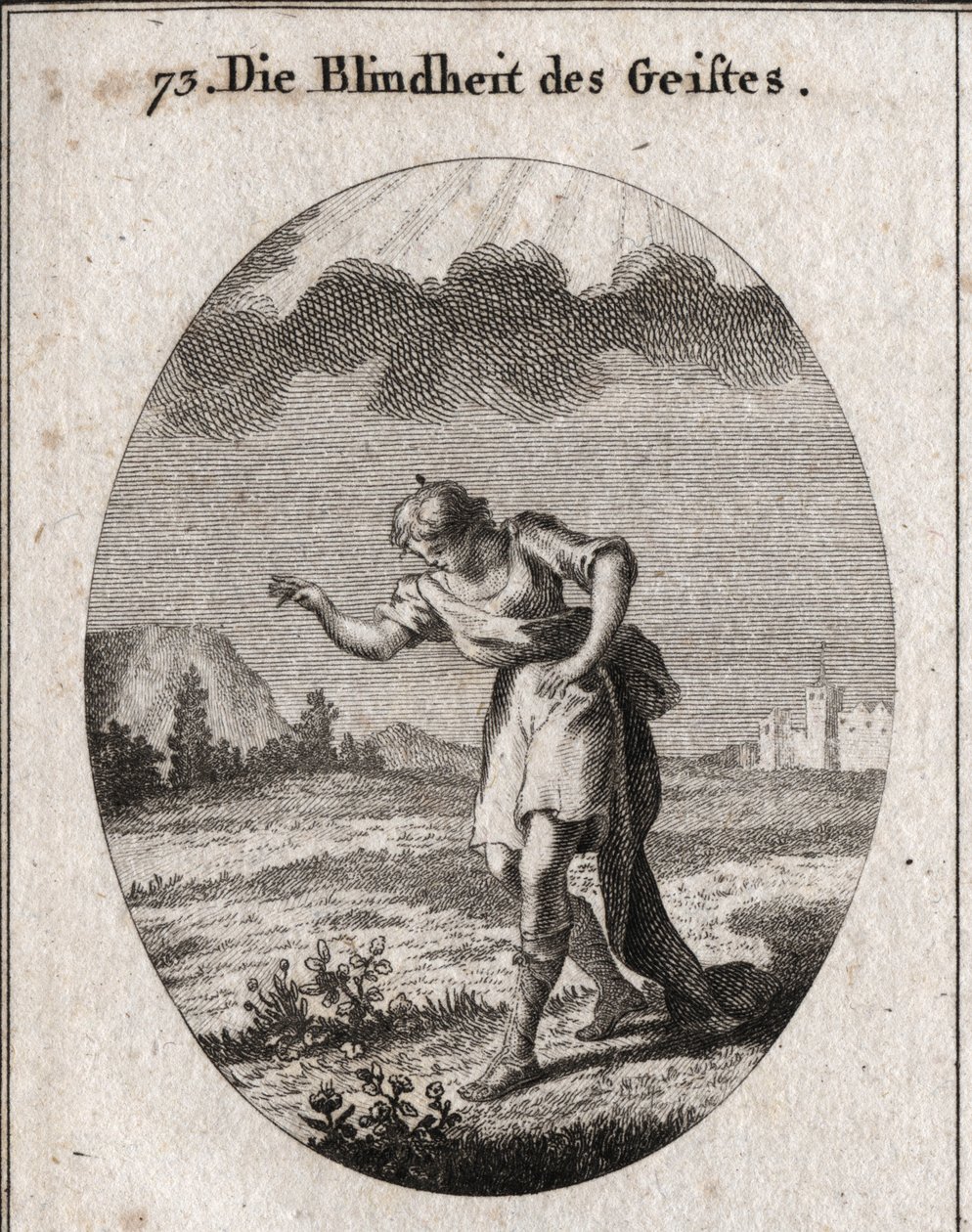 Allegory of mind blindness. A young man looks at the flowers in a meadow alluding to the delights of the earth that replenish the soul and occupy it without any profit. A cloud stops the light from punching his mind. Engraving in 