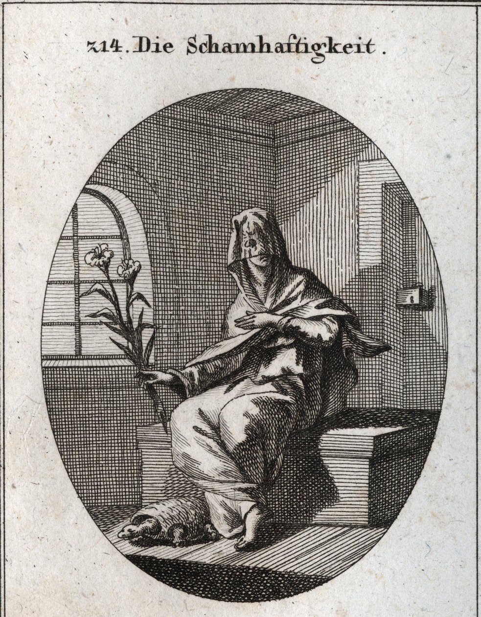 Allegory of modesty. Its symbol is a branch of lilies and a turtle that means that modesty women must be removed from their homes. His face is covered by a veil. Engraving in “Iconologie oder Ideen aus dem Gebiete der Leidenschaften und Allegorien bildic by Austrian School