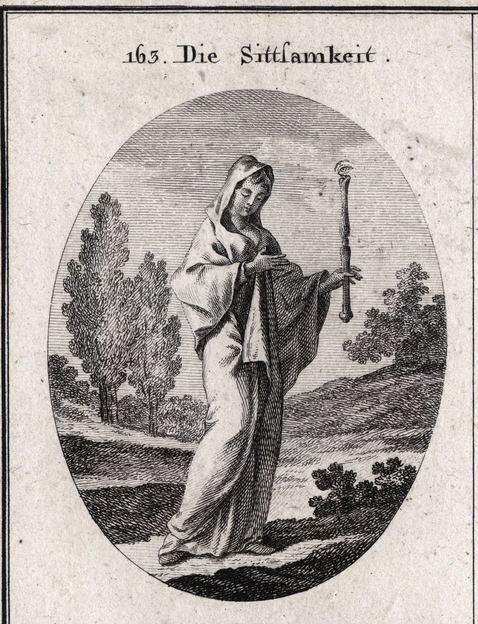 Allegory of modesty. She holds a sceptre above which is an eye that means that modesty must be far-sighted about itself. Engraving in 