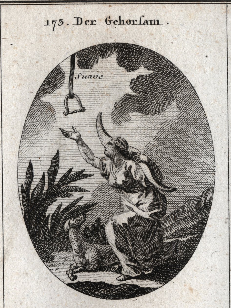 Allegory of obedience. She holds a yoke on her shoulders and moves forward to receive a brake that descends from the open sky in which the word 