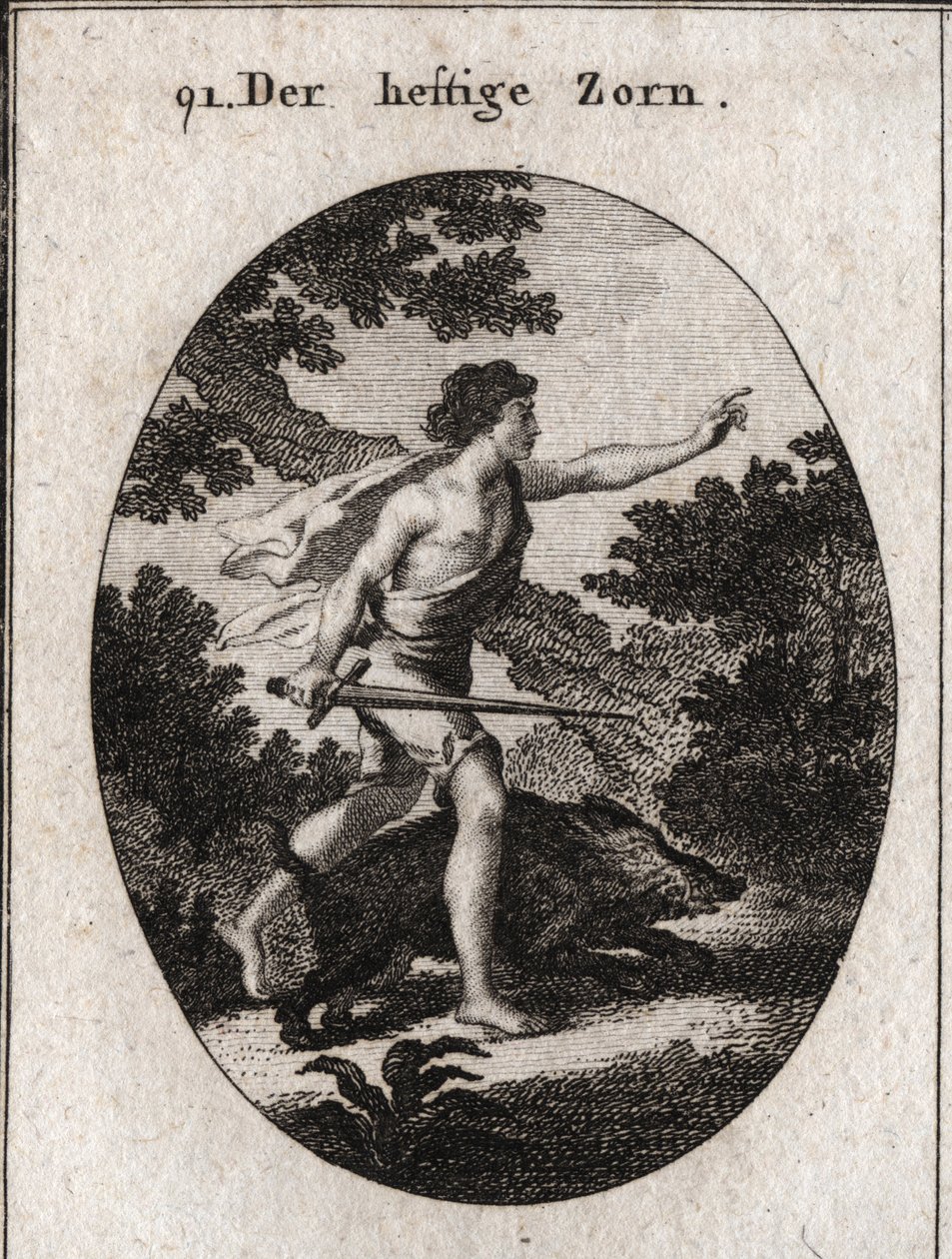 Allegory of Passion or Impetuosity represented by a teenager with a sword to mark that he follows anger. Its attribute is an irritating boar, an animal that always fights without regard to peril. Engraving in 