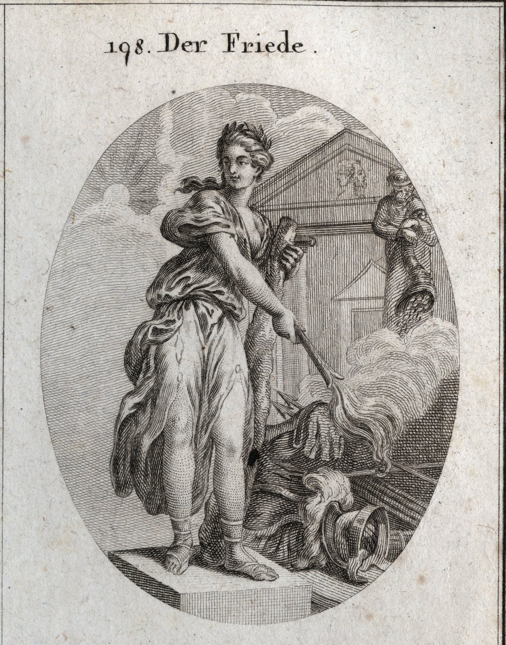 Allegory of Peace. She Wears a Wreath of Olive Trees and Holds a Club While She Burns with a Torch a Trophy of Weapons. Behind It, the Statue of Plutus Means That Abundance and Wealth Are Its Benefits. Engraving in 