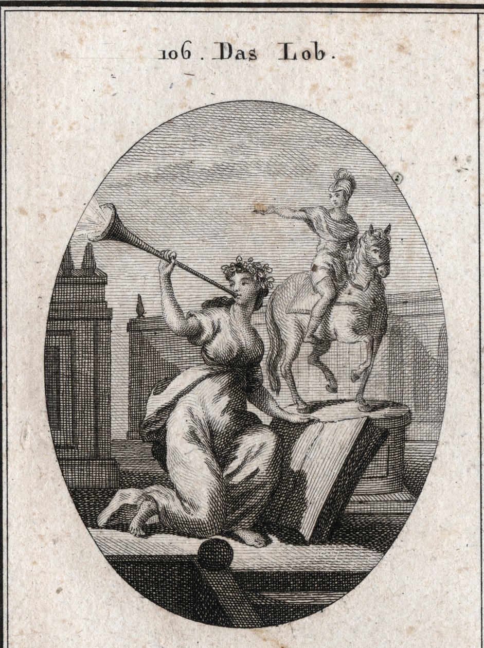 Allegory of praise holding a book to show that it passes posterity through the help of scriptures. It sounds a trumpet from which the glare of renown comes out. The equestrian statue is there for the praise of heroes. Engraving in 
