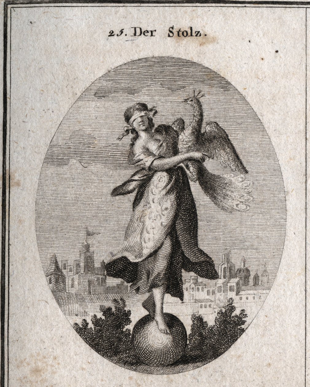 Allegory of Pride Represented by a Young Girl with a Blindfold Placed on a Ball Emblem of Her Little Solidity. The Peacock Symbolizes the Superb Spirit. The Rich Clothing Covers Her Poor Clothes to Show the Outdoors. Engraving in Iconologie oder Ideen a by Austrian School