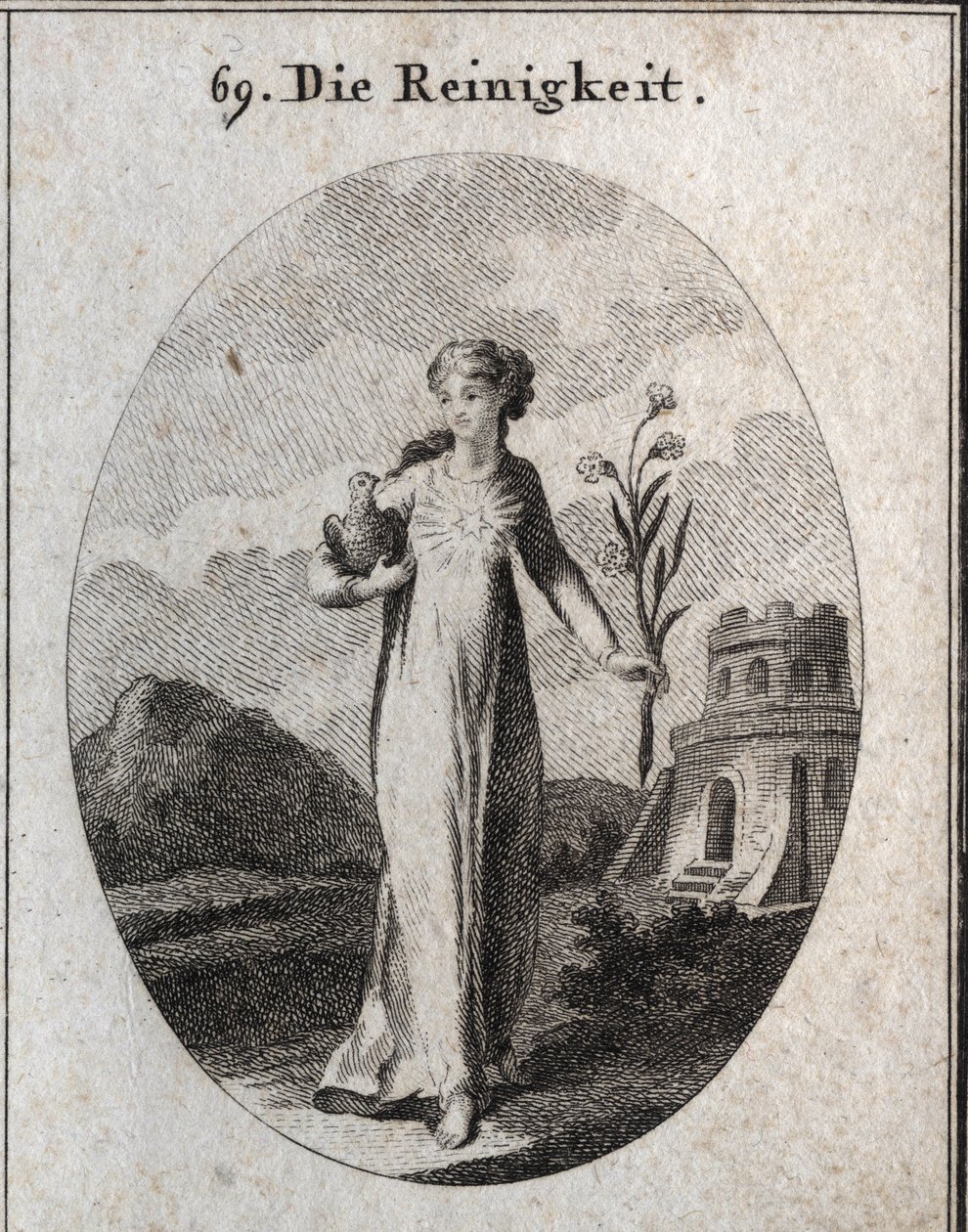 Allegory of purity. His attributes are the dove and the lily, symbols of candor. Engraving in 