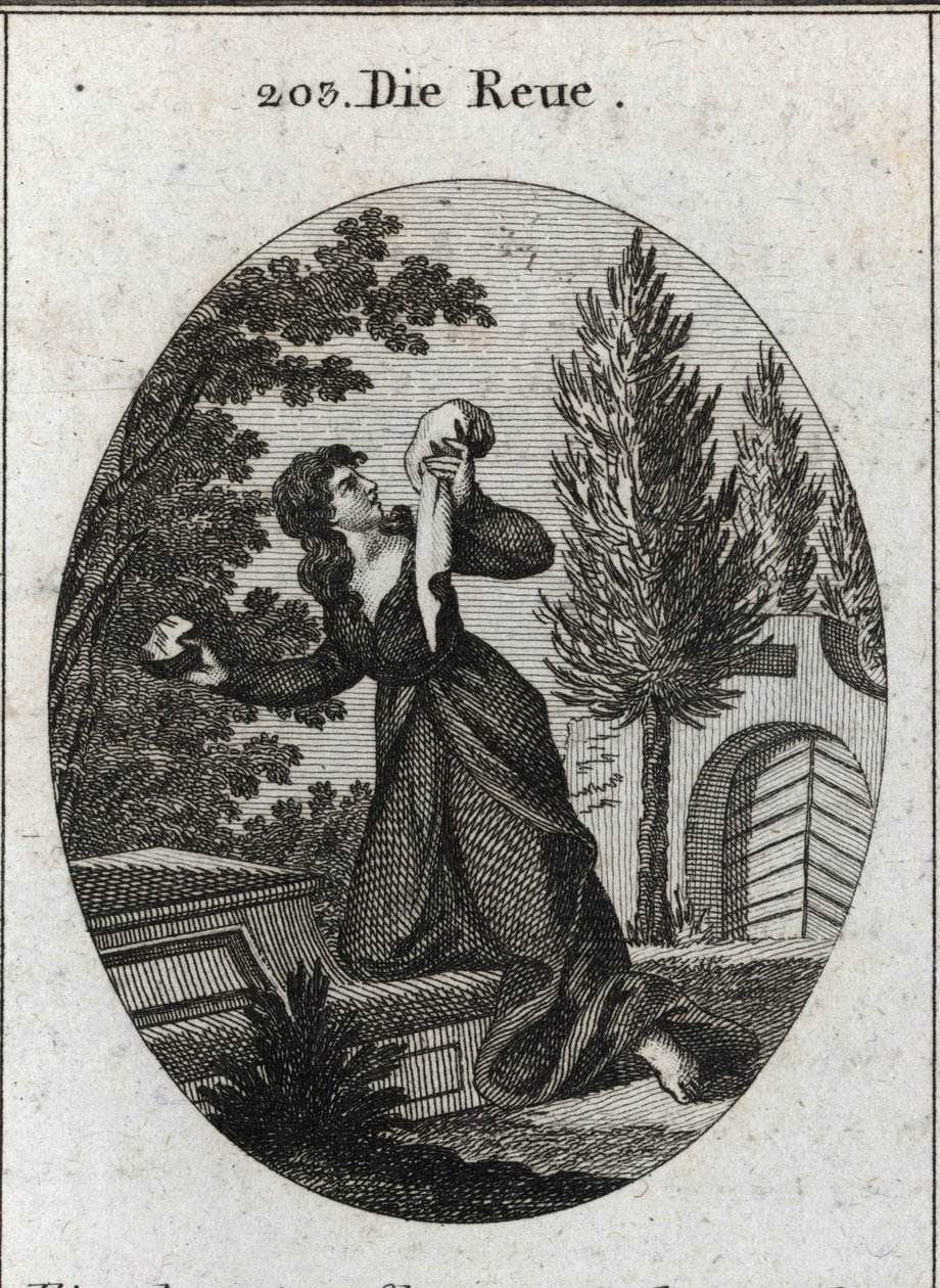 Allegory of Regret Represented with a Knee on a Tomb. She Holds with One Hand a Handkerchief and on the Other a Stone Whose Chest She Strikes. Engraving in 