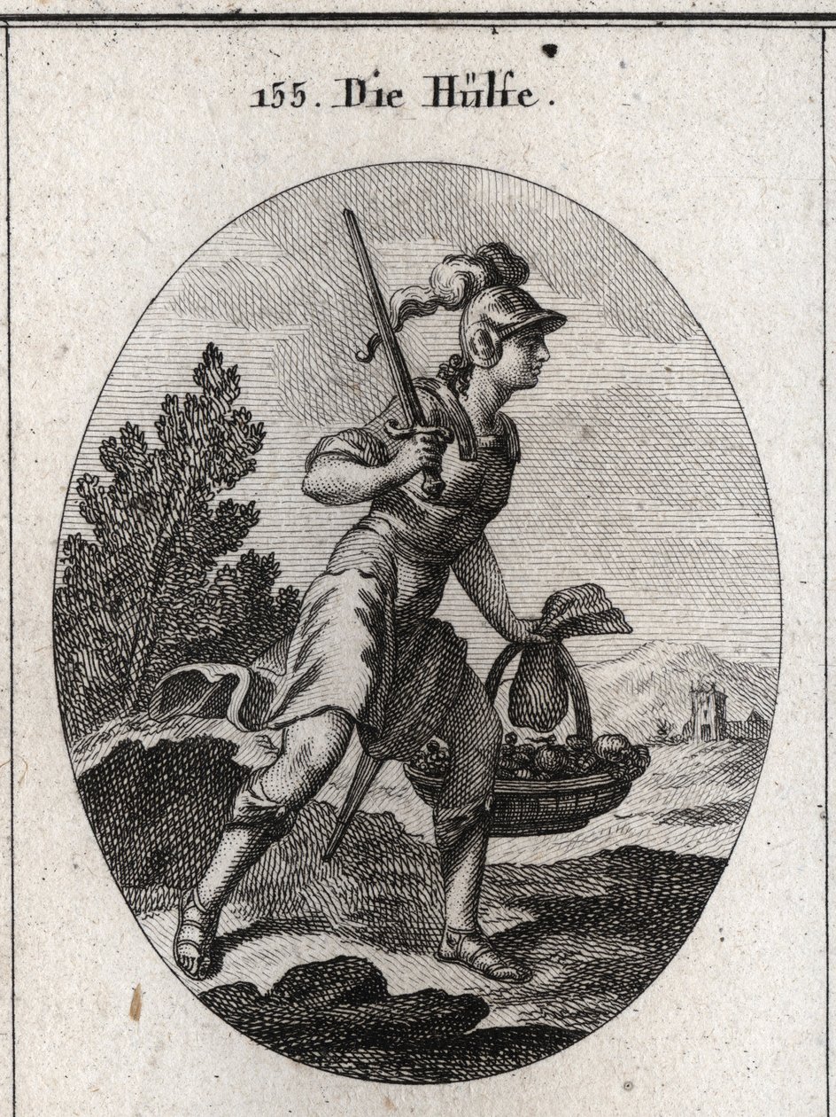 Allegory of Relief Represented in Armor with a Sword. She Carries a Purse and a Basket Full of Food to Symbolize Relief in Calamities and Famine. She