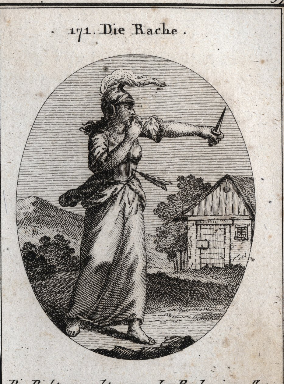 Allegory of revenge with a breastplate and a helmet on which a flame shines. She bites her finger and looks at a dagger. The arrow that pierces her means that revenge takes place only after an offense received. Engraving in 